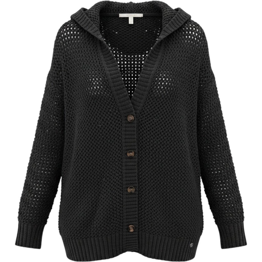 Roxy Cardigan Sweater Women Large Black Open Knit Hooded Button Front Boho Surf